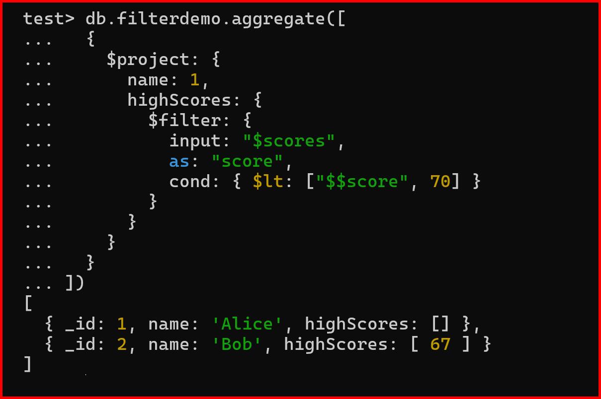 Picture showing the output of filter aggregator operator in mongodb